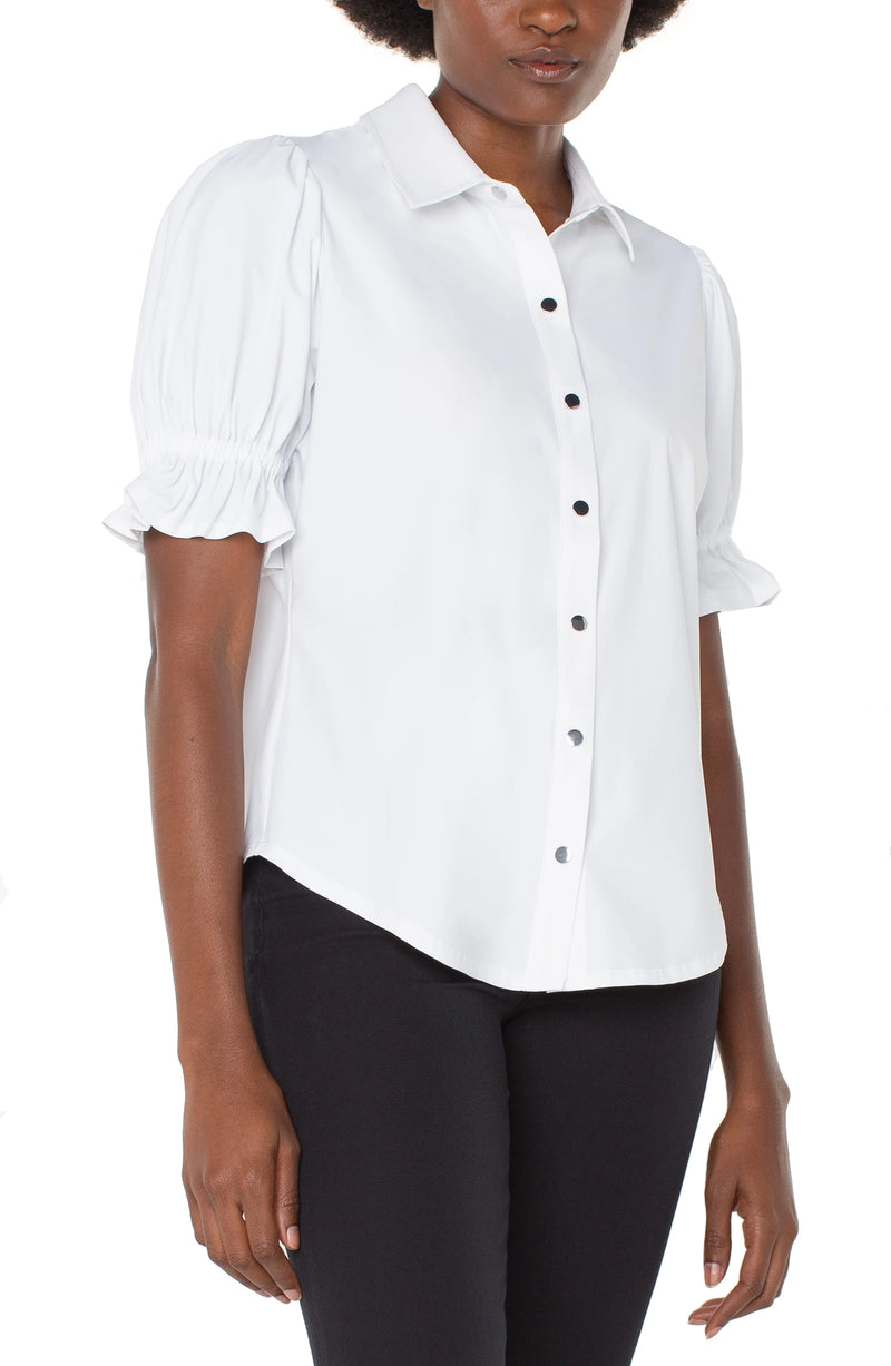 Liverpool Elbow Puff Sleeve Snap Front Knit Shirt - White