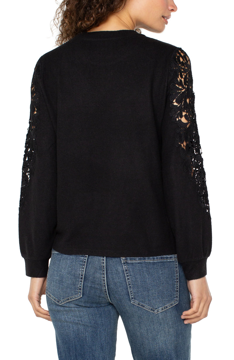 Liverpool Long Sleeve Crew Neck Lace Inset Knit Top - Black