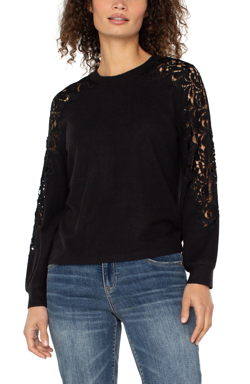 Liverpool Long Sleeve Crew Neck Lace Inset Knit Top - Black