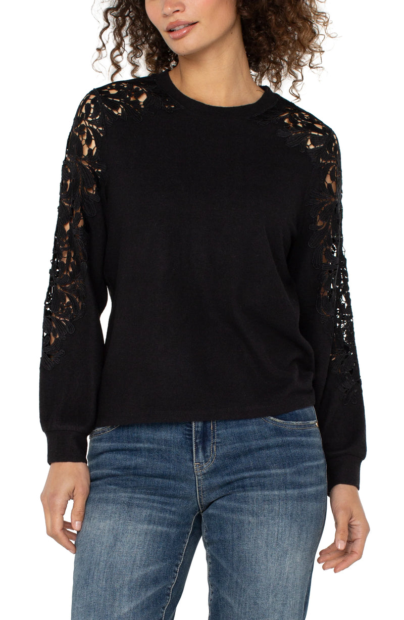 Liverpool Long Sleeve Crew Neck Lace Inset Knit Top - Black