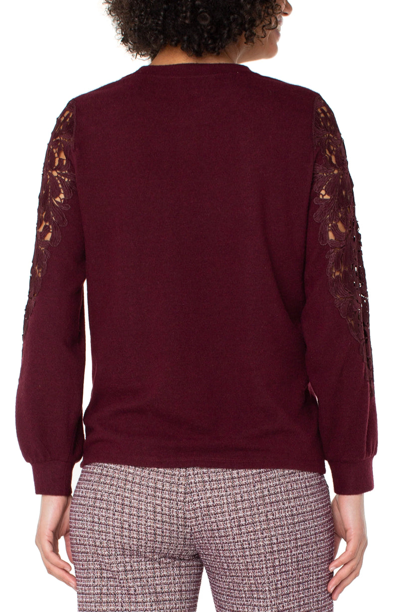 Liverpool Long Sleeve Crew Neck Lace Inset Knit Top - Burgundy