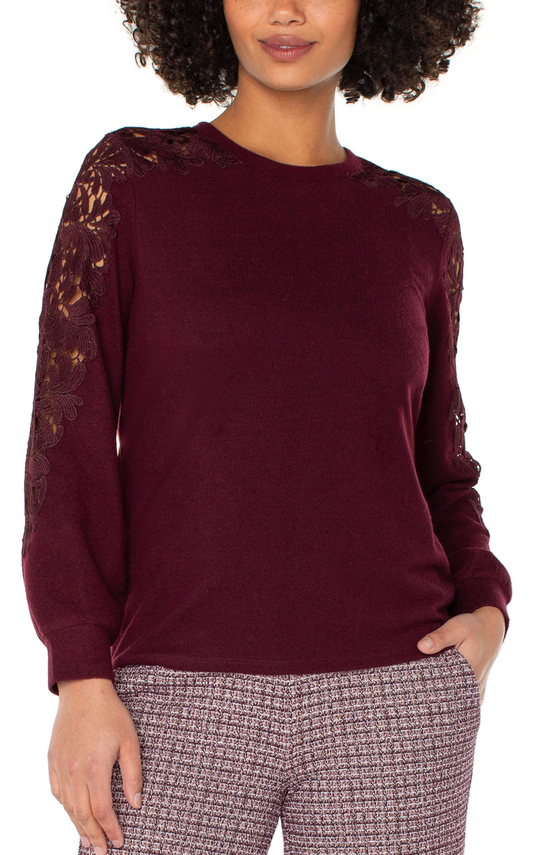 Liverpool Long Sleeve Crew Neck Lace Inset Knit Top - Burgundy