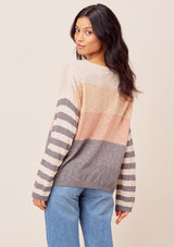 Teddi Striped Sleeve Knit Pullover - Taupe/Multi