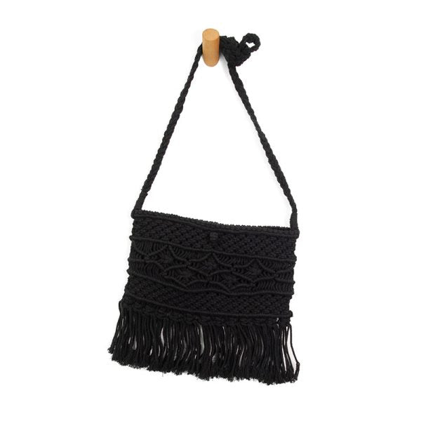 Joy Susan Maeve Macrame Crossbody Bag with Fringe - Black