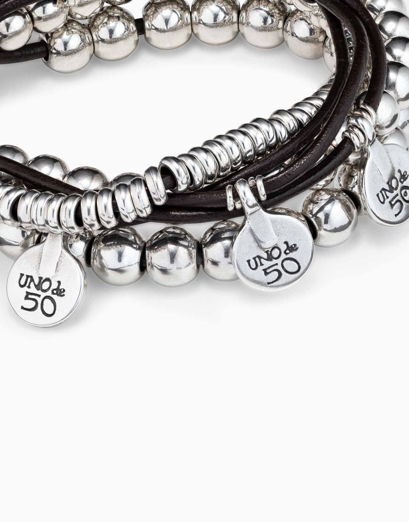 UNOde50 Leather beaded bracelet with charms - Sterling SIlver