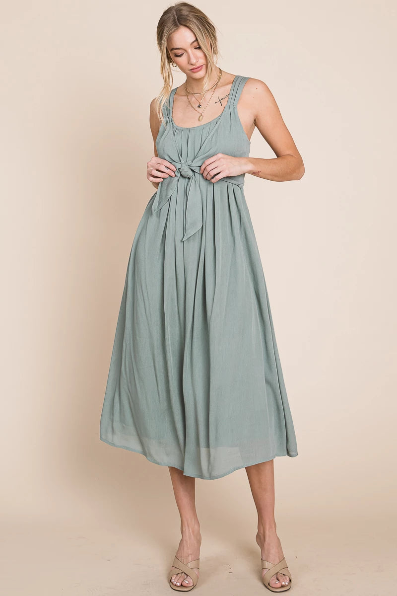 FINAL SALE Gauze Midi Dress with Front Tie Detail - Dusty Sage