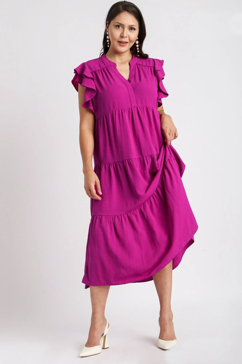 Ruffled Tiered Midi Dress with Ruffled Sleeves - Berry C3523