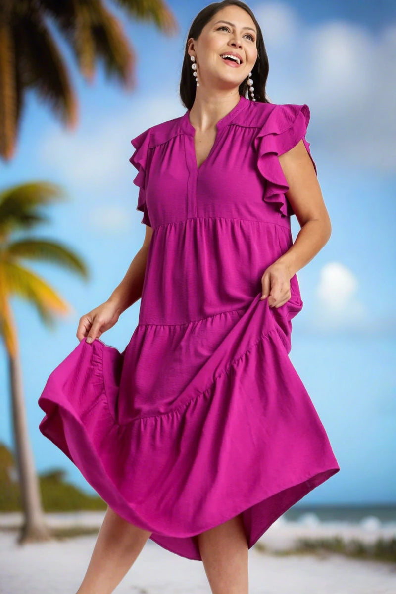 Ruffled Tiered Midi Dress with Ruffled Sleeves - Berry C3523