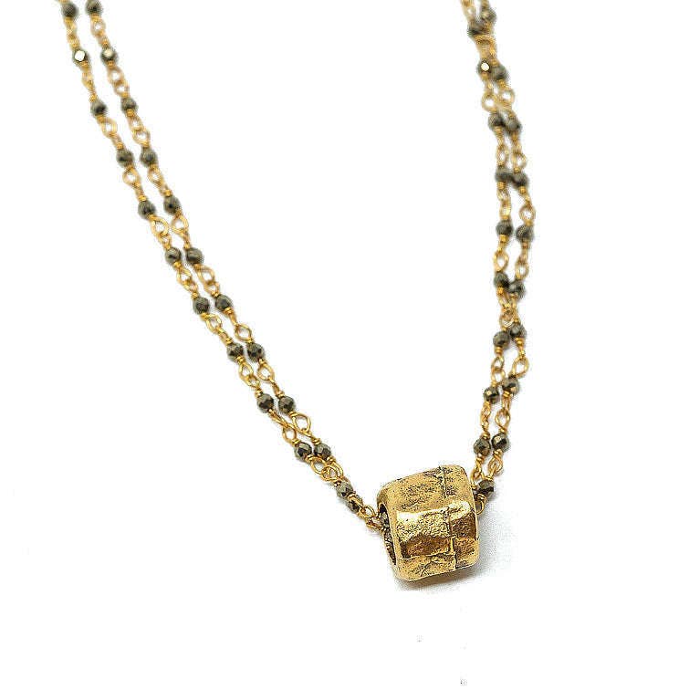 Erin Gray Small Gold Barrel on Double Pyrite Necklace