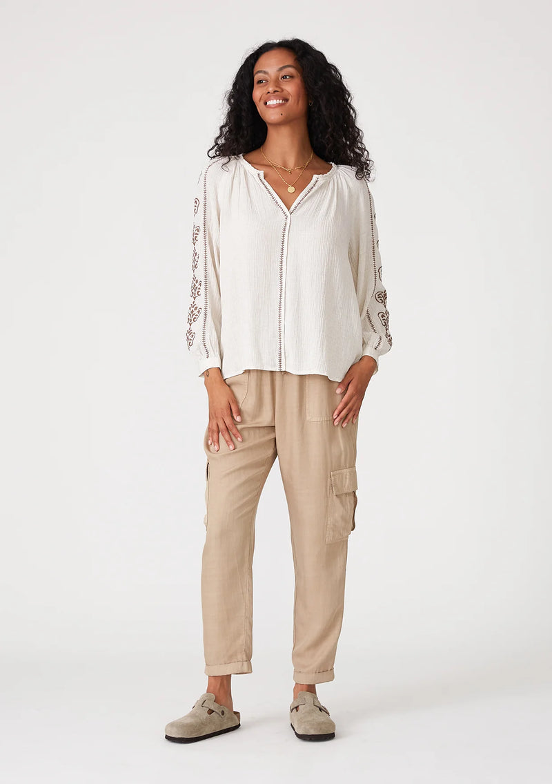 Embroidered Long Sleeve Split Neck Peasant Blouse - Natural/Taupe
