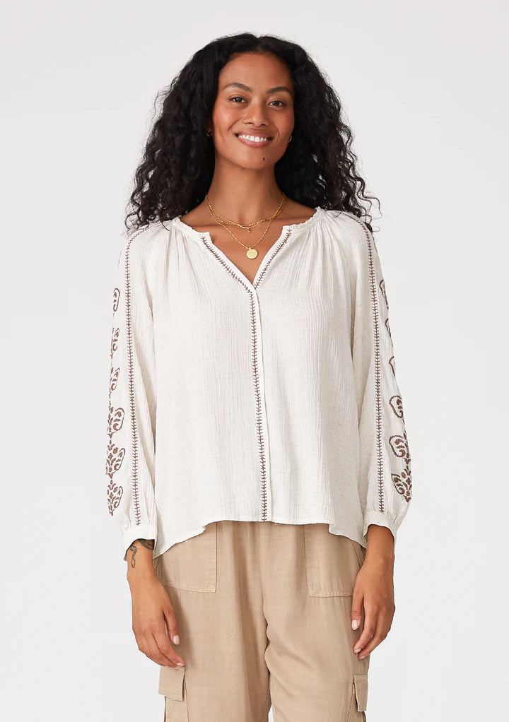Embroidered Long Sleeve Split Neck Peasant Blouse - Natural/Taupe