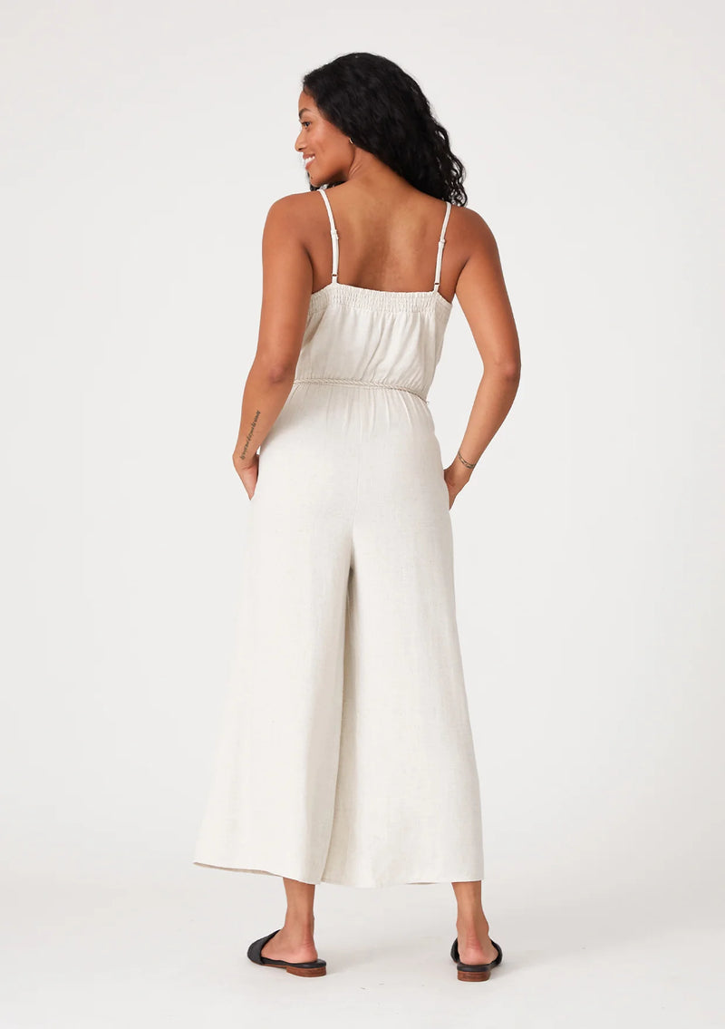 Wide Leg Spaghetti Jumpsuit with Braided Belt - Natural