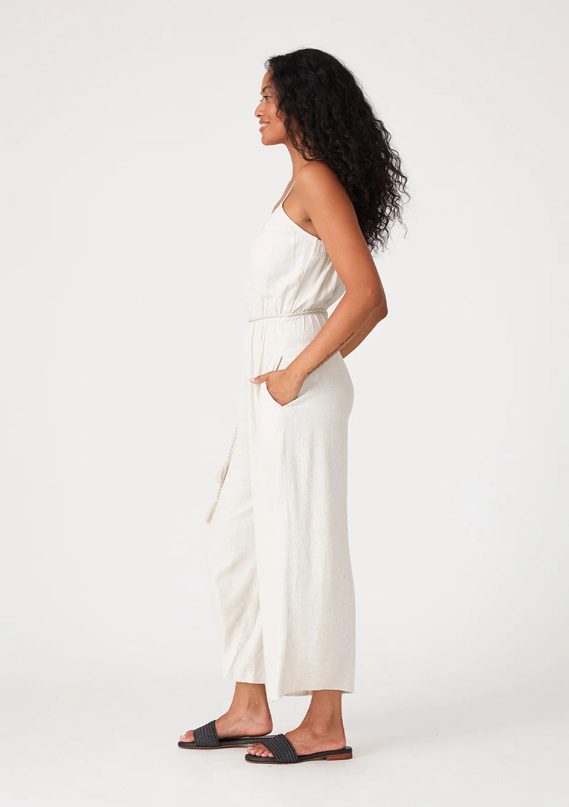 Wide Leg Spaghetti Jumpsuit with Braided Belt - Natural