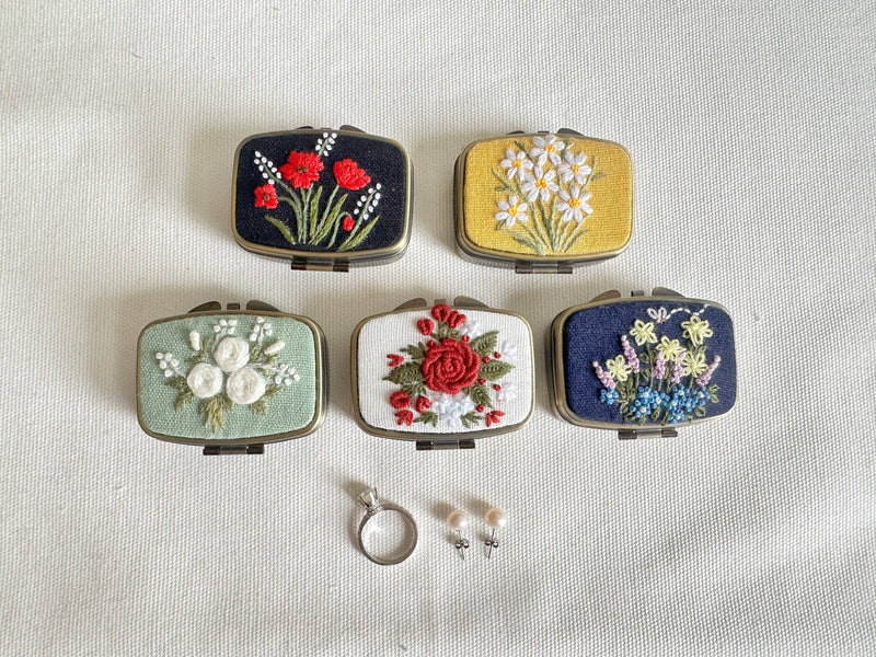 Floral Embroidered Rectangle Mini Jewelry Box (or Pill Box) With Mirror