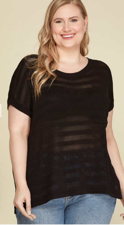 Drop Shoulder Sheer Sweater Top - Black - Sizes Small-2XL Curvy