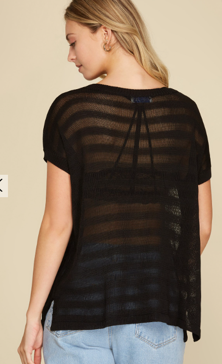 Drop Shoulder Sheer Sweater Top - Black - Sizes Small-2XL Curvy