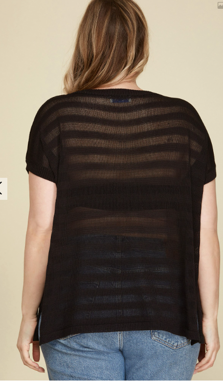 Drop Shoulder Sheer Sweater Top - Black - Sizes Small-2XL Curvy