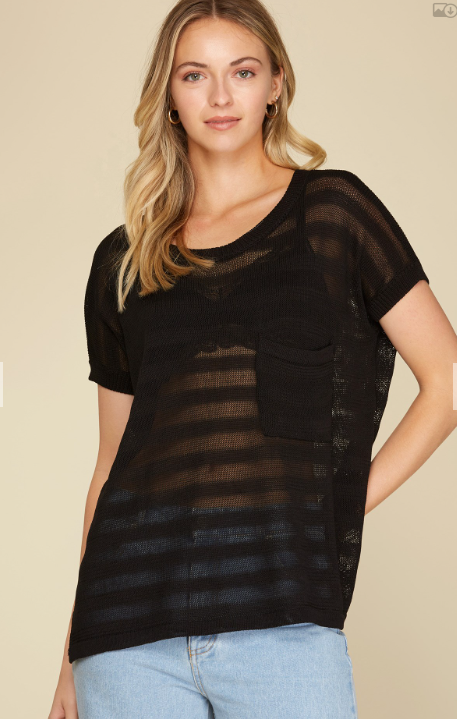 Drop Shoulder Sheer Sweater Top - Black - Sizes Small-2XL Curvy