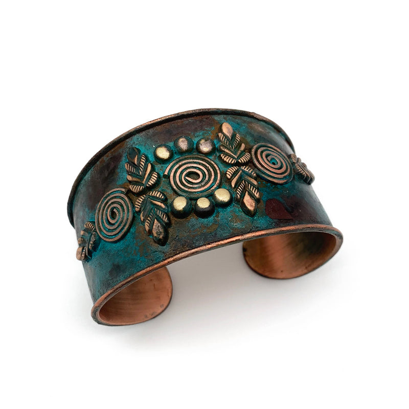 Anju Mirrored Leaves and Spirals Teal Copper Patina Cuff