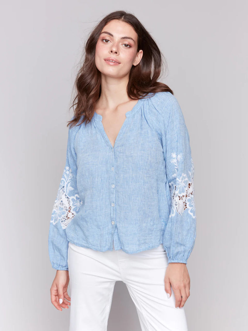 Charlie B Cotton-Linen Button-Front Blouse with Embroidery - Chambray