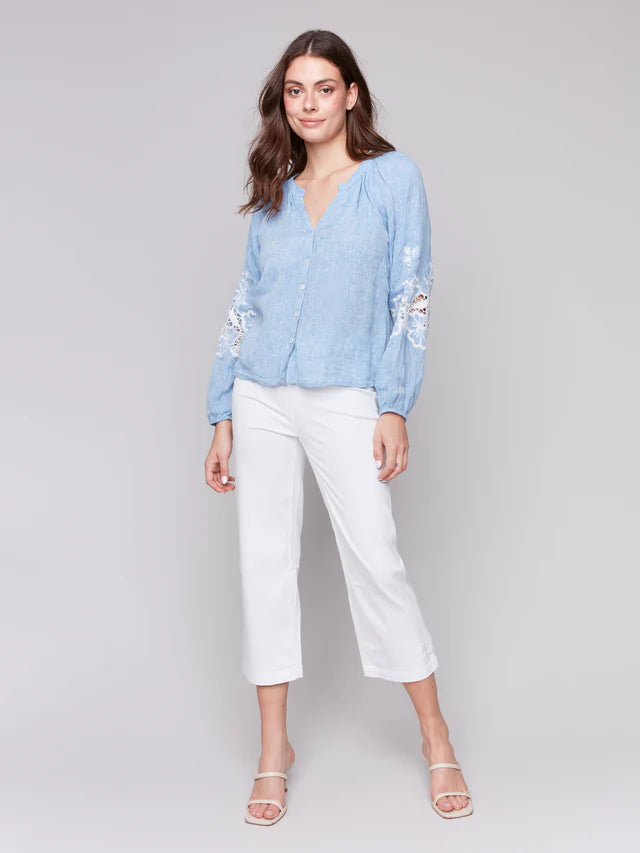 Charlie B Cotton-Linen Button-Front Blouse with Embroidery - Chambray