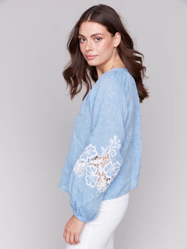 Charlie B Cotton-Linen Button-Front Blouse with Embroidery - Chambray