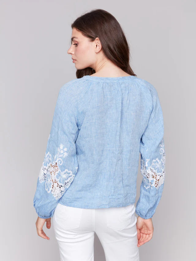 Charlie B Cotton-Linen Button-Front Blouse with Embroidery - Chambray