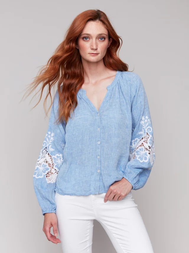 Charlie B Cotton-Linen Button-Front Blouse with Embroidery - Chambray
