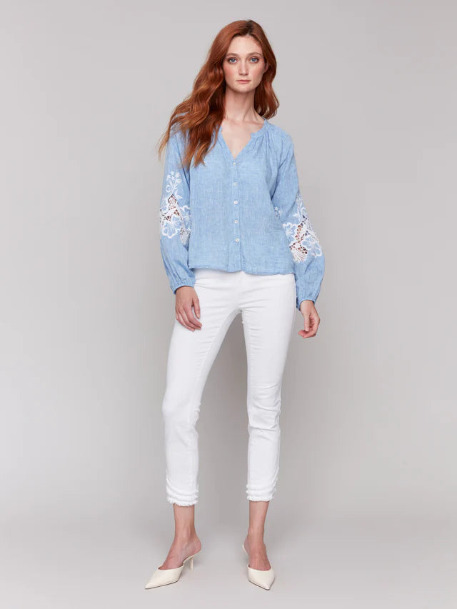 Charlie B Cotton-Linen Button-Front Blouse with Embroidery - Chambray