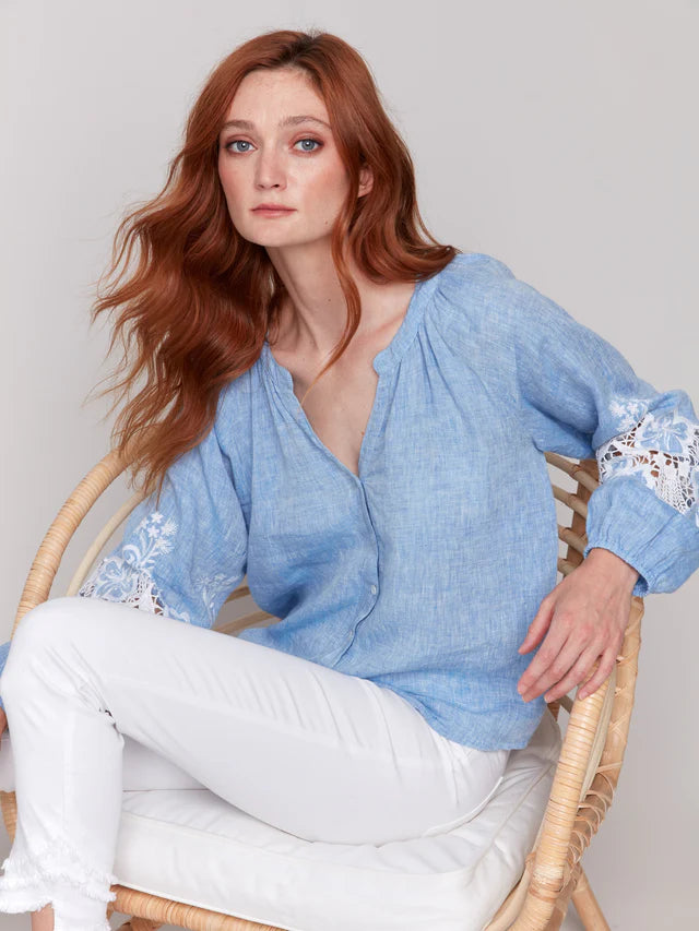 Charlie B Cotton-Linen Button-Front Blouse with Embroidery - Chambray