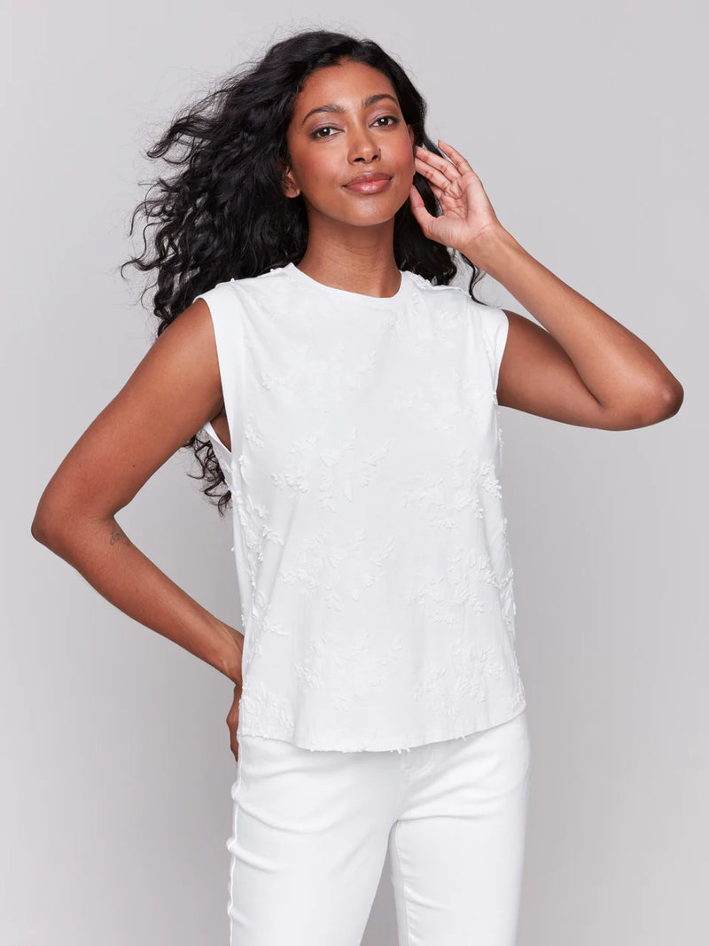 Charlie B Floral Embroidered Sleeveless Cotton Top - White