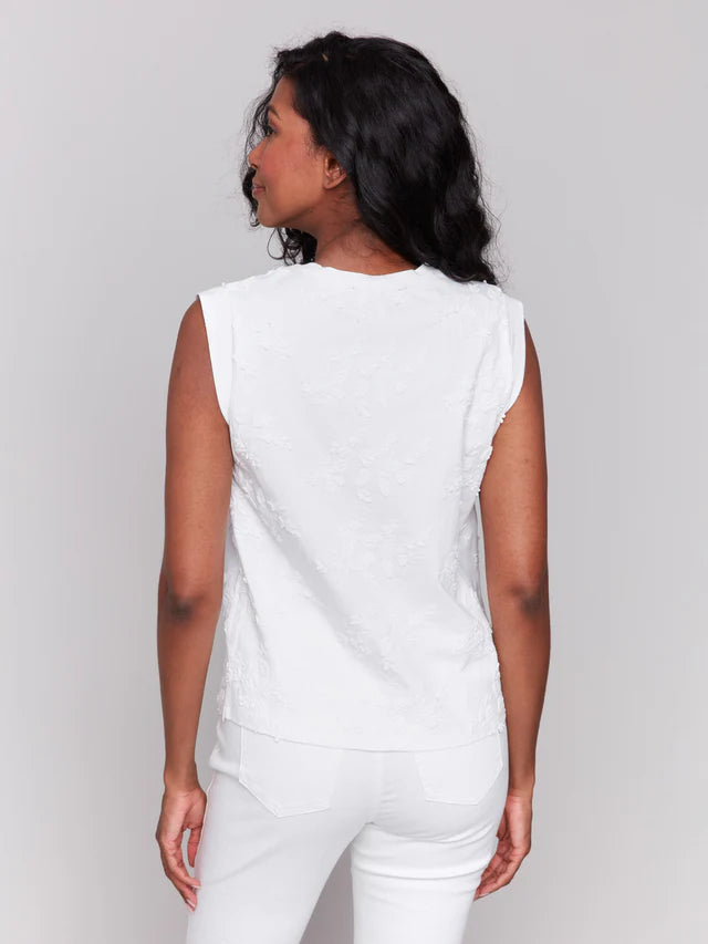 Charlie B Floral Embroidered Sleeveless Cotton Top - White