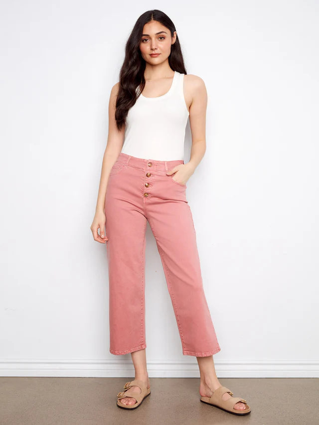 Charlie B Front Button-Fly Crop Twill Pants - Carnation