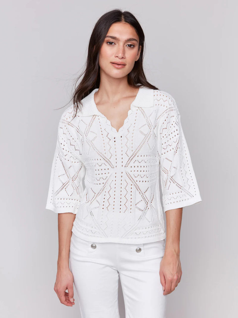 Charlie B Johnny Collar Pointelle Sweater - White