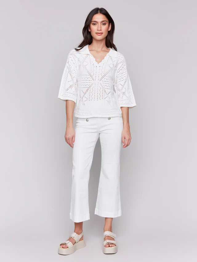 Charlie B Johnny Collar Pointelle Sweater - White