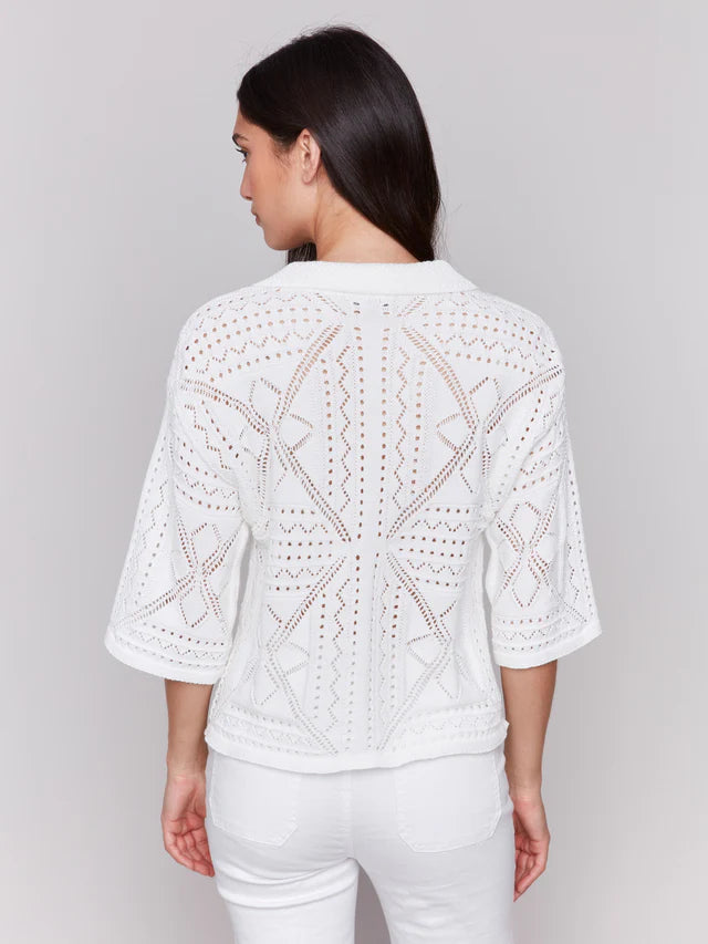 Charlie B Johnny Collar Pointelle Sweater - White