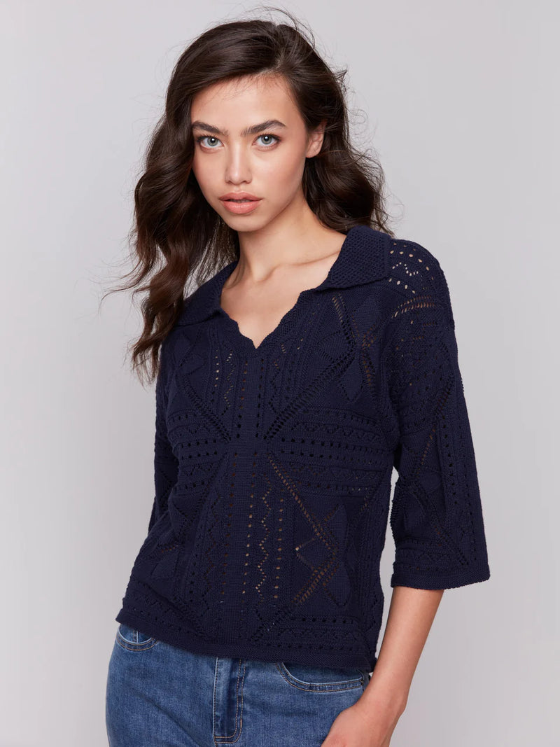 Charlie B Johnny Collar Pointelle Sweater - Navy