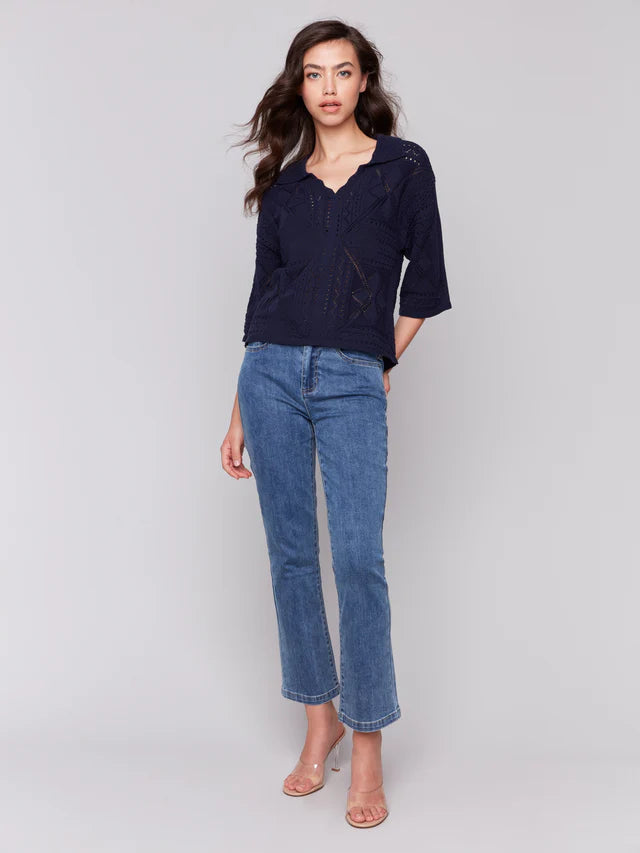 Charlie B Johnny Collar Pointelle Sweater - Navy