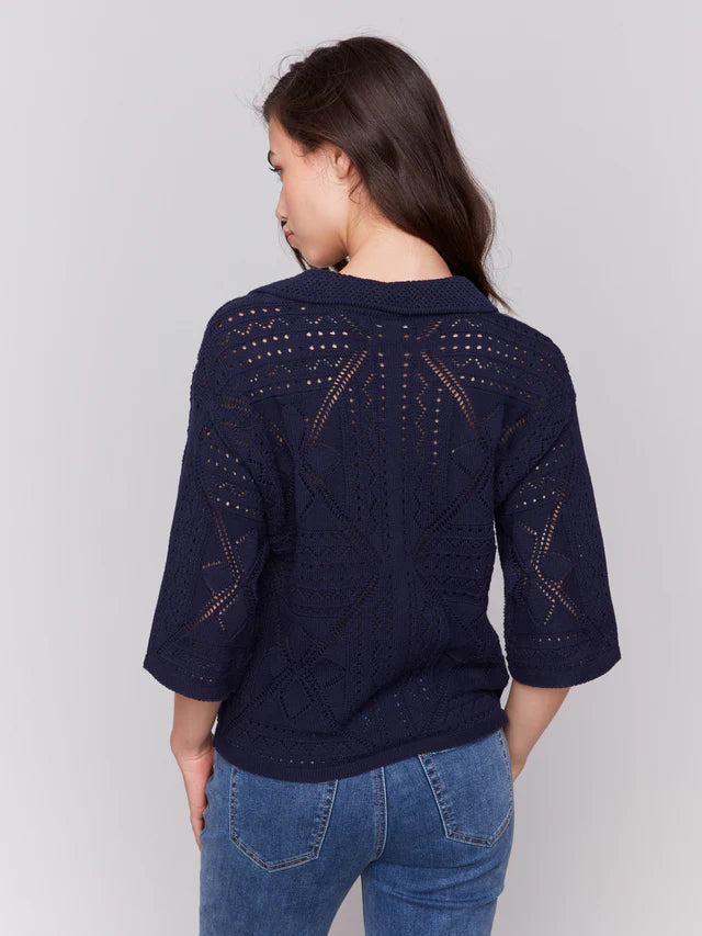 Charlie B Johnny Collar Pointelle Sweater - Navy