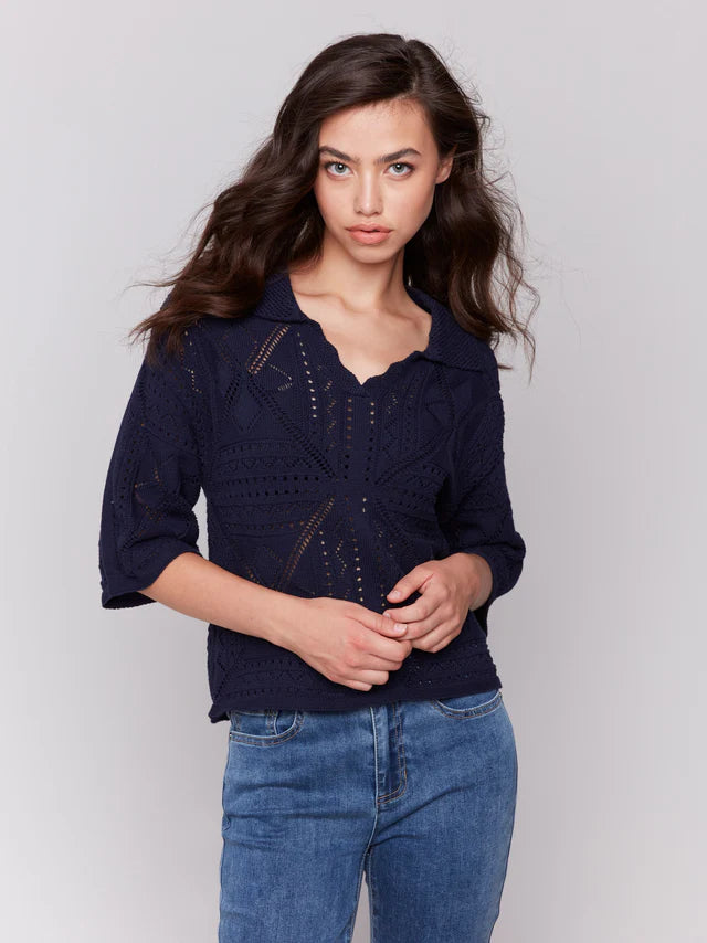Charlie B Johnny Collar Pointelle Sweater - Navy