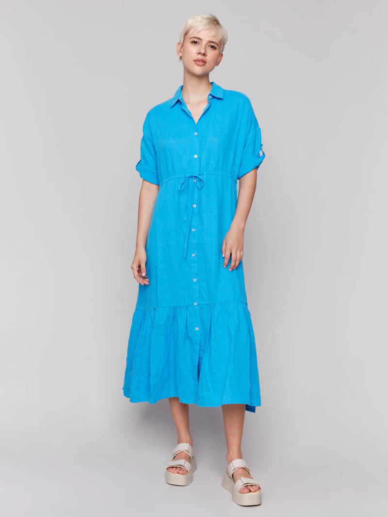 Charlie B Linen Blend Button-Front Maxi Shirt Dress - Lagoon