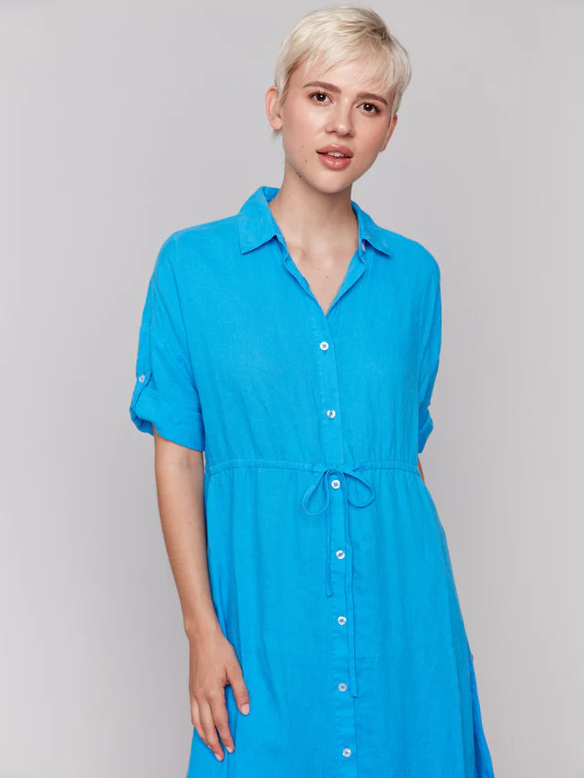 Charlie B Linen Blend Button-Front Maxi Shirt Dress - Lagoon