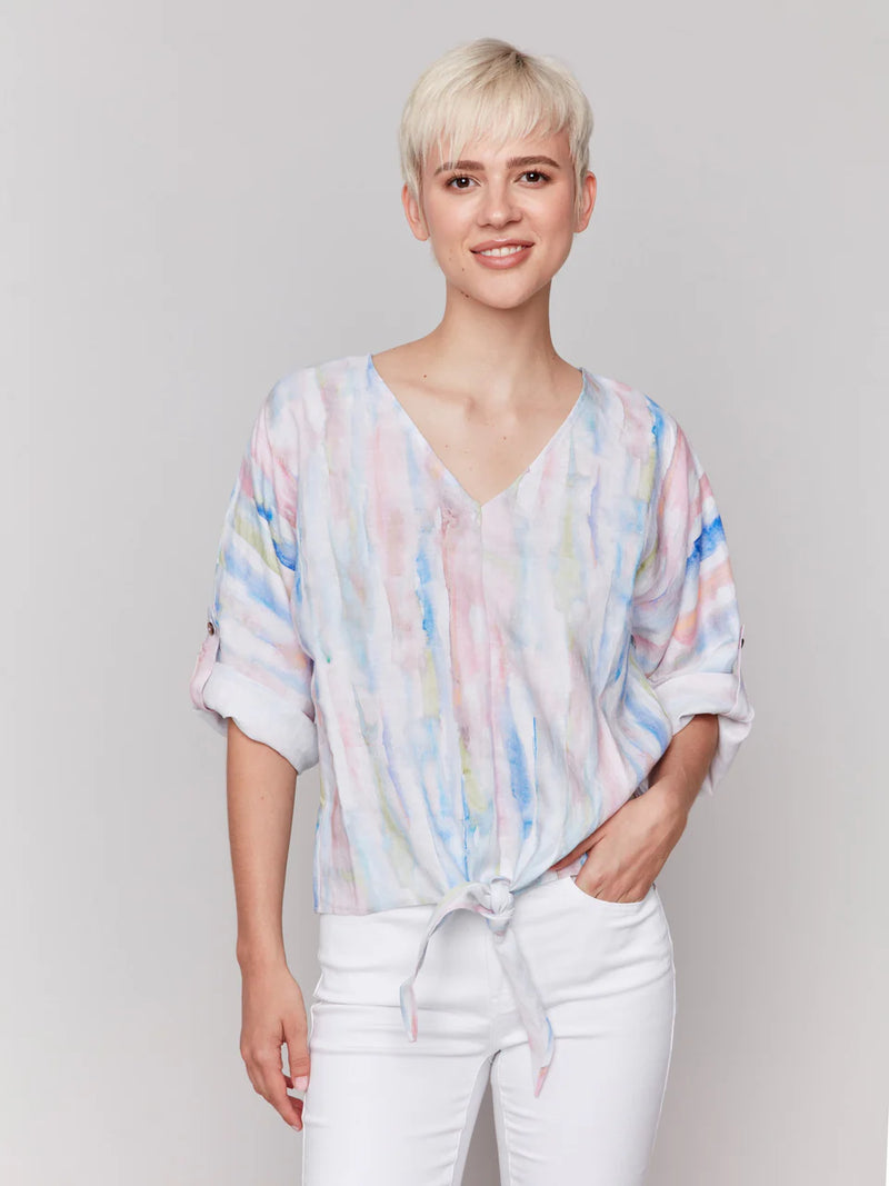 FINAL SALE Charlie B Printed 3/4 Sleeve Top with Front Tie - Watercolor