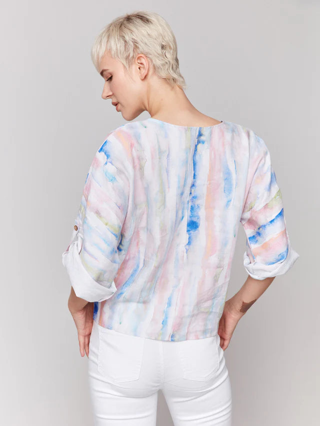 FINAL SALE Charlie B Printed 3/4 Sleeve Top with Front Tie - Watercolor