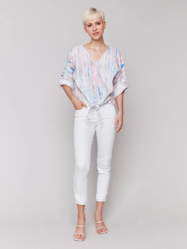 FINAL SALE Charlie B Printed 3/4 Sleeve Top with Front Tie - Watercolor
