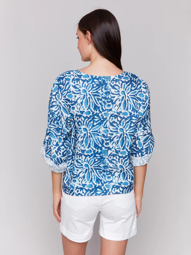 FINAL SALE Charlie B Printed 3/4 Sleeve Top with Front Tie - Reef
