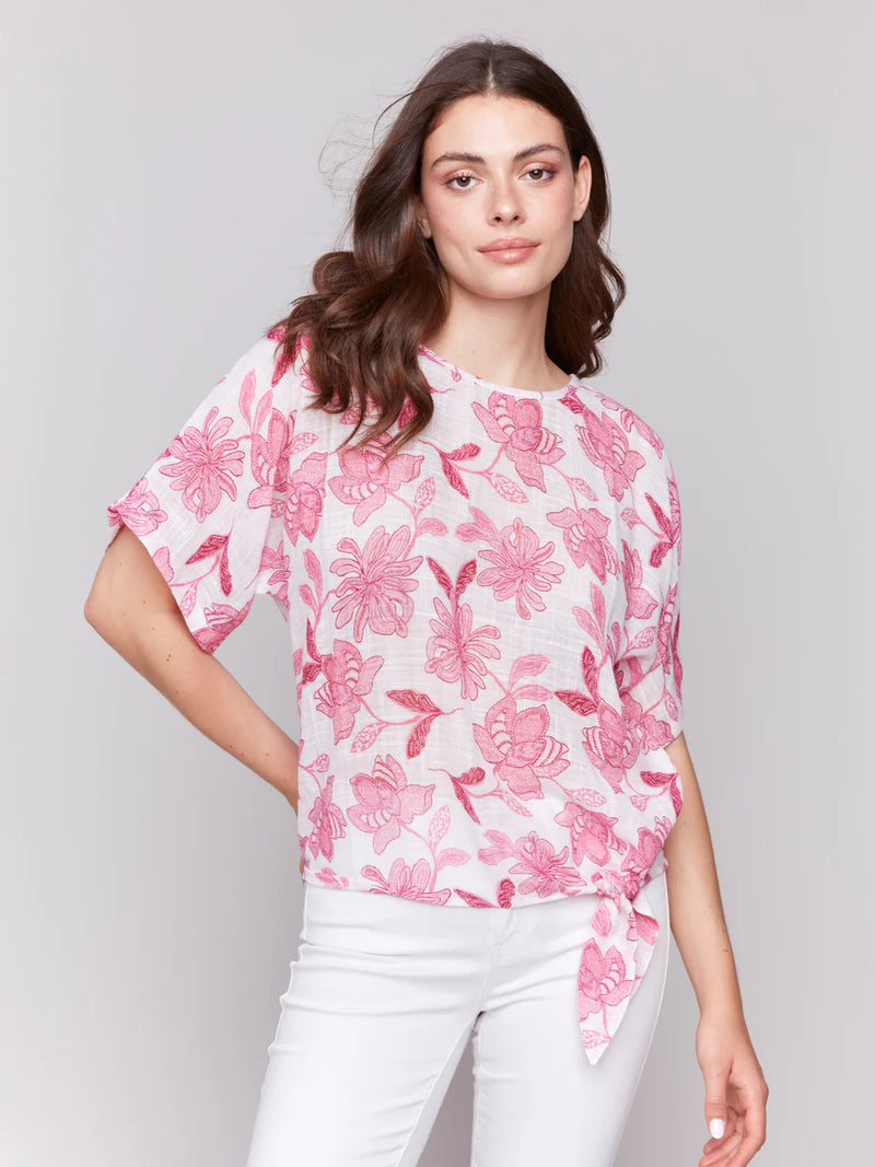 Charlie B Printed Cotton Gauze Blouse with Side Tie - Enchanted