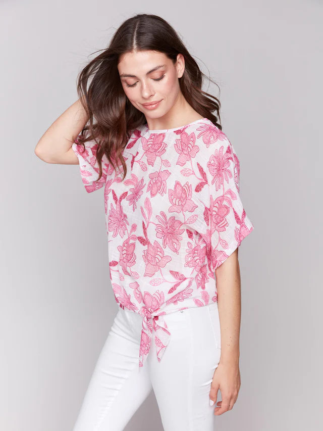 Charlie B Printed Cotton Gauze Blouse with Side Tie - Enchanted