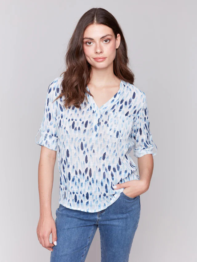 Charlie B Printed Cotton Gauze Half-Button Blouse - Blue