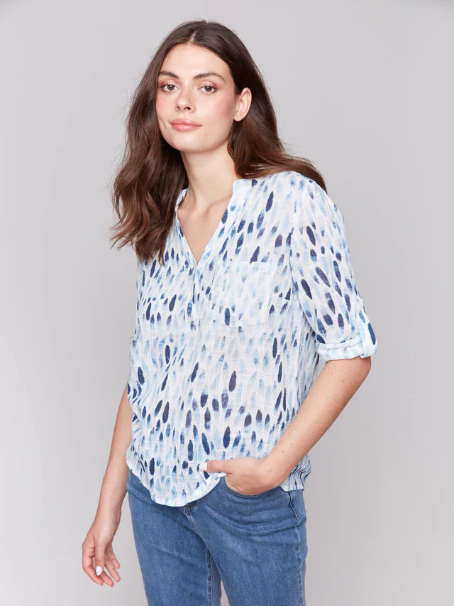 Charlie B Printed Cotton Gauze Half-Button Blouse - Blue